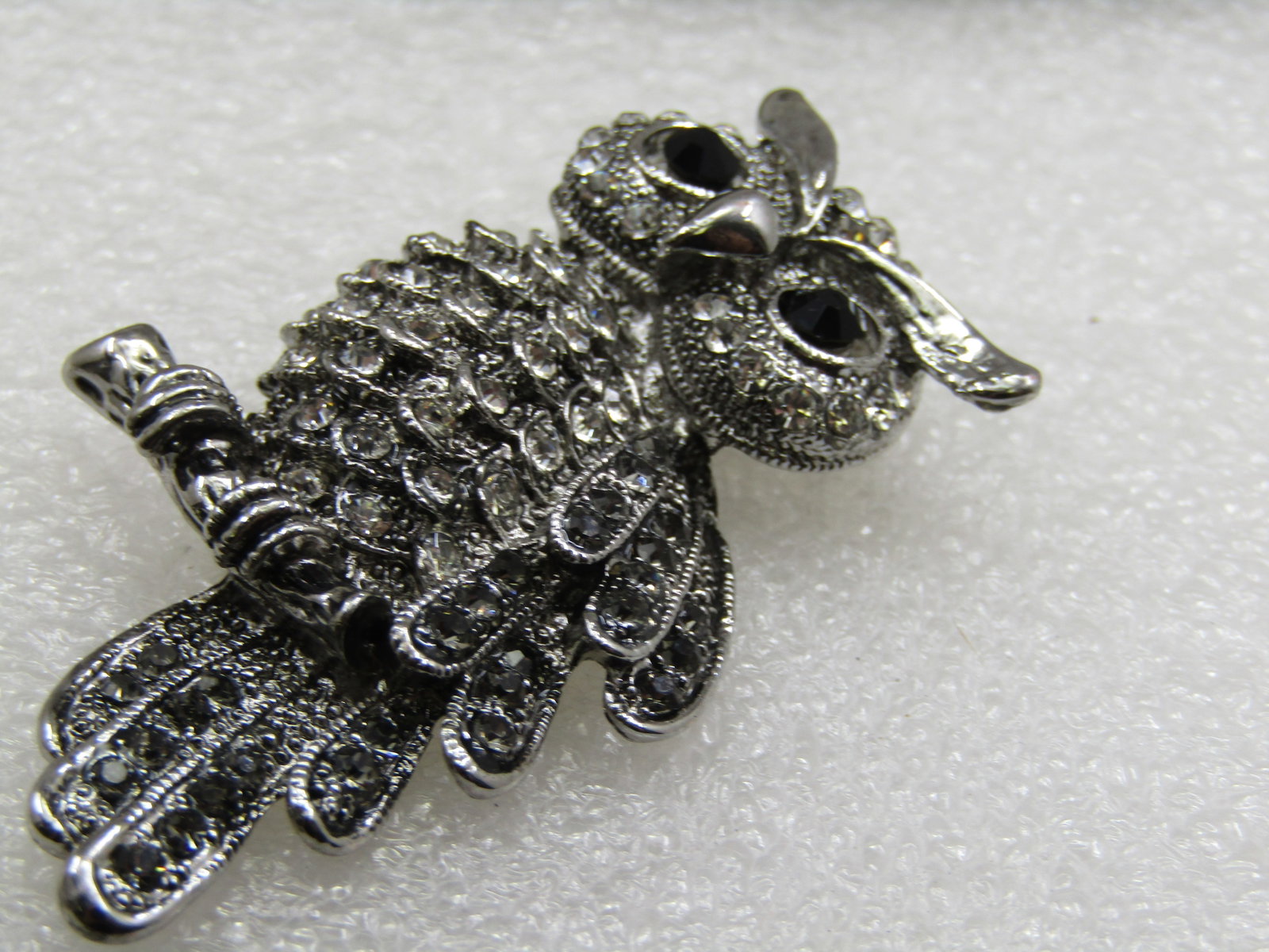 Owl Brooch, Black & Smoky Rhinestone, Silver Tone 2.25" - 5