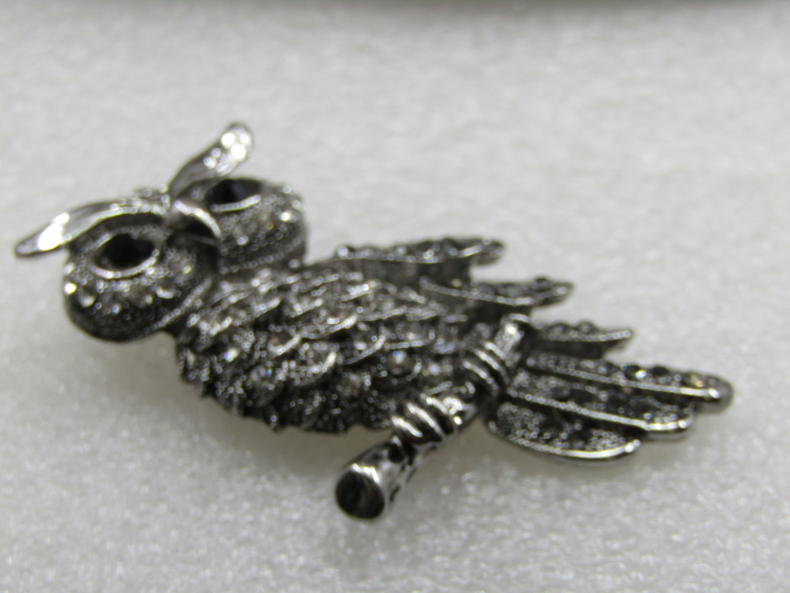 Owl Brooch, Black & Smoky Rhinestone, Silver Tone 2.25" - 6