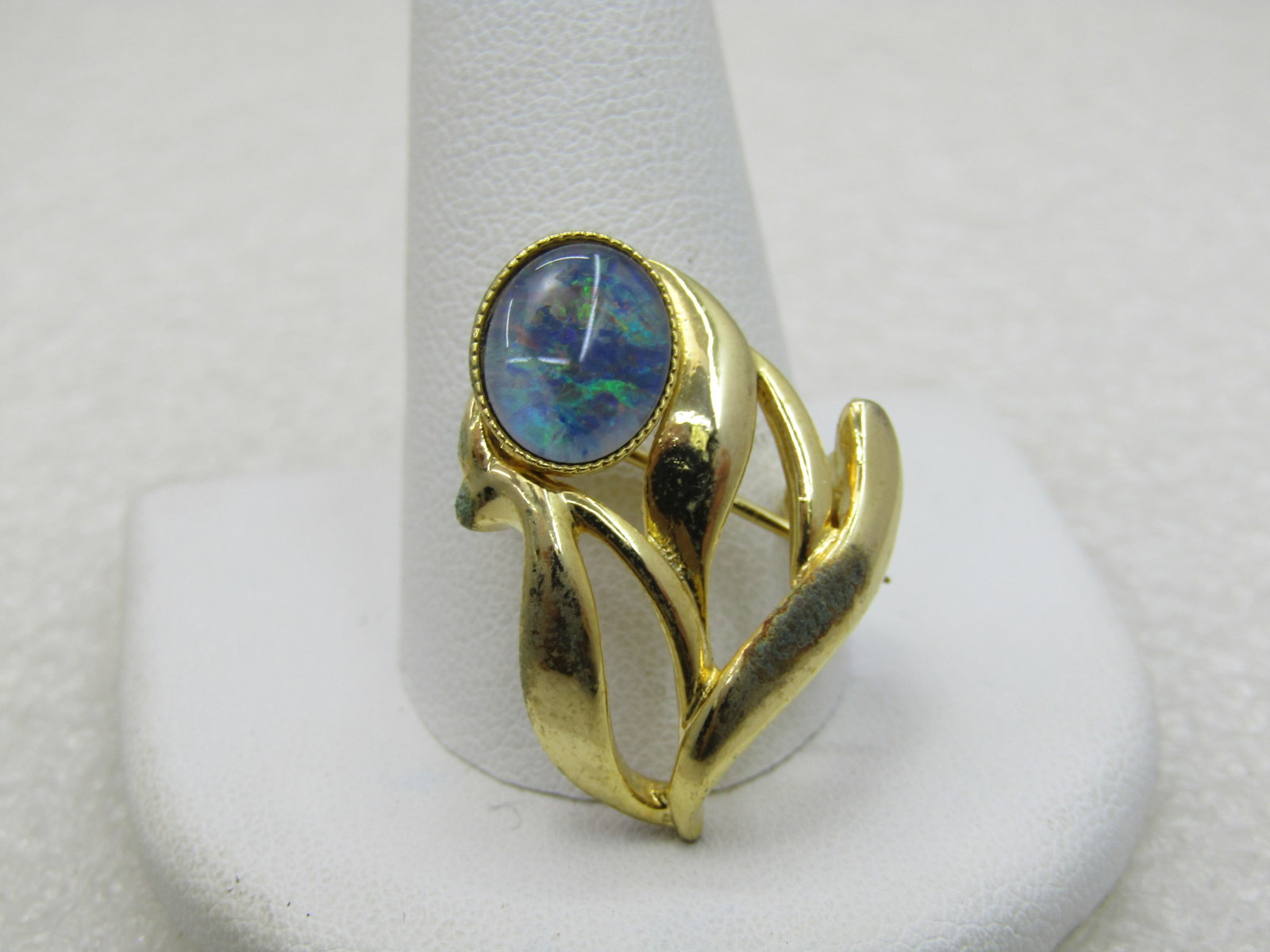 Vintage Australian Created Opal Floral Brooch, Gold Tone - 2