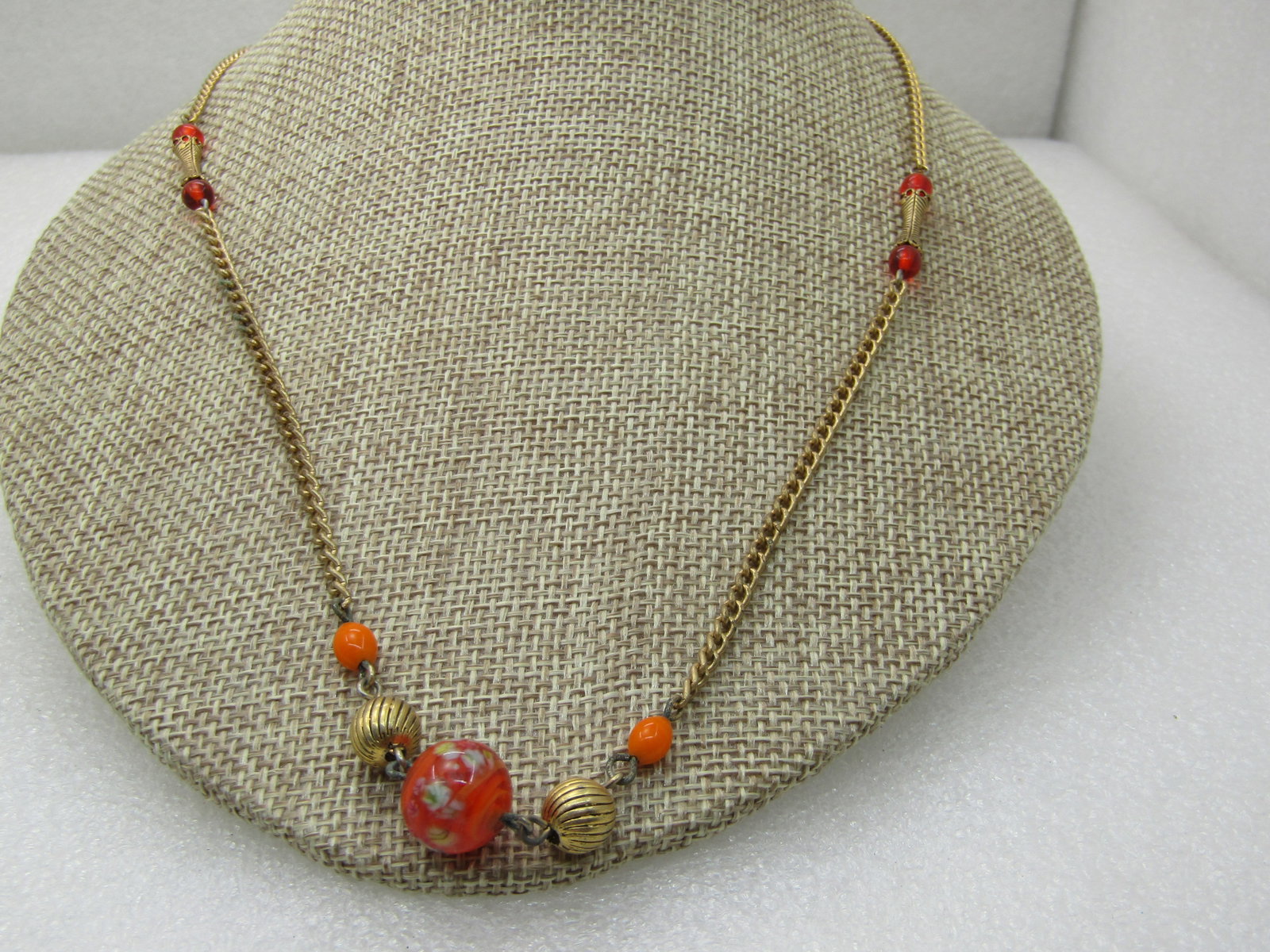 Vintage Orange Venetian Glass Beaded Necklace, Curb Chain, 20", 1960's NL - 2