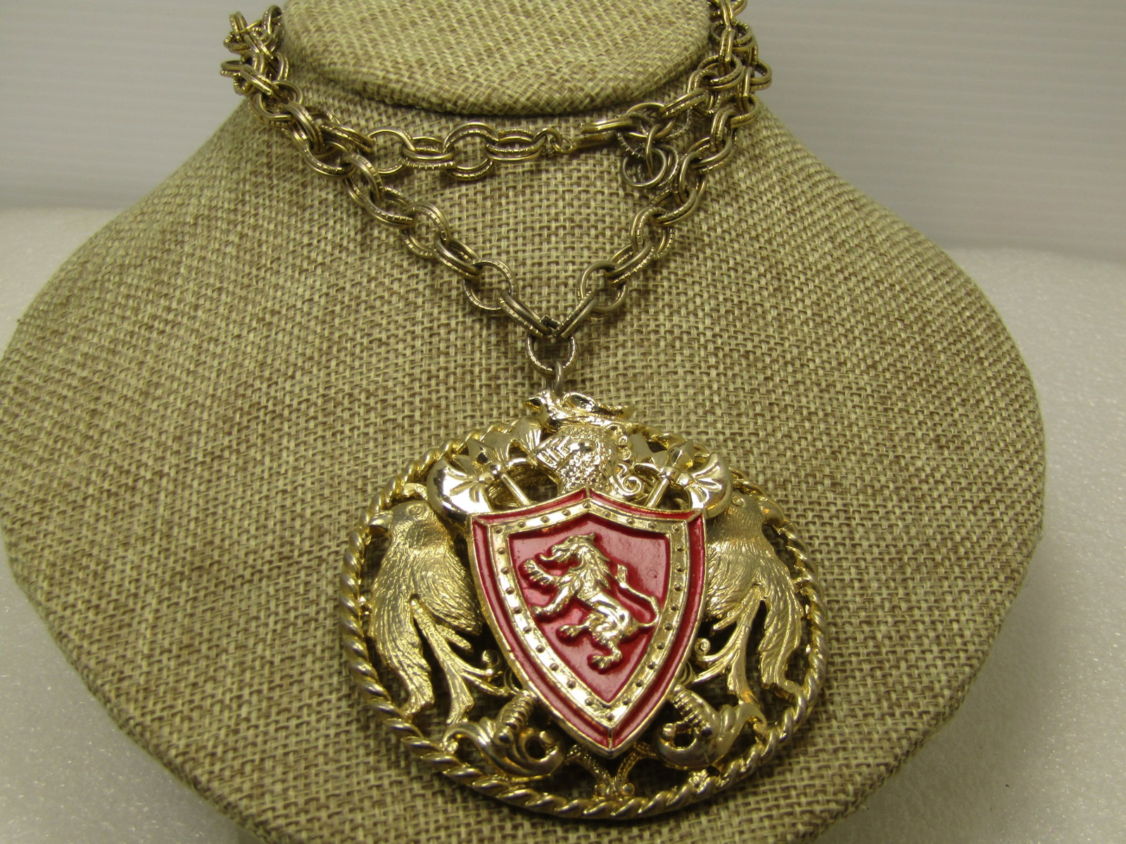 Vintage Enameled Lion Shield Medallion Necklace, 24", 2.5" 1960's-1970's - 2
