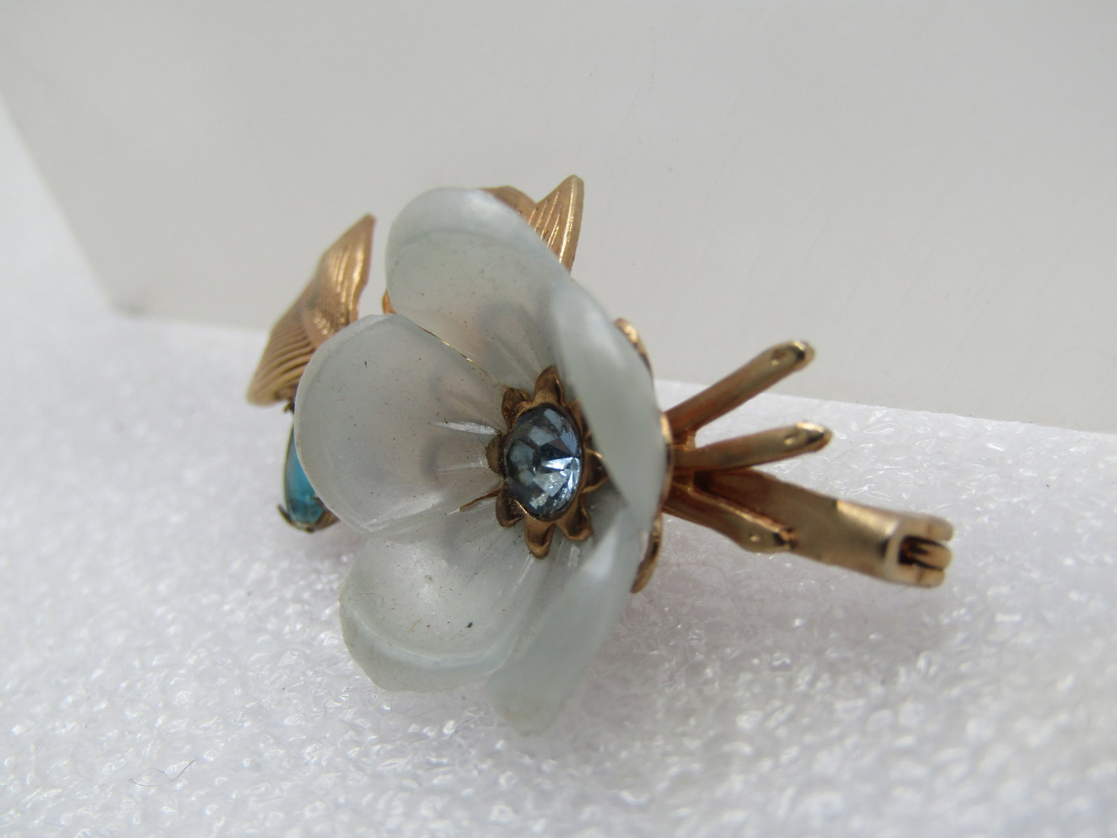 Vintage Floral Brooch, Blessed Mother Enameled and Rhinestone Center, 1960's - 2