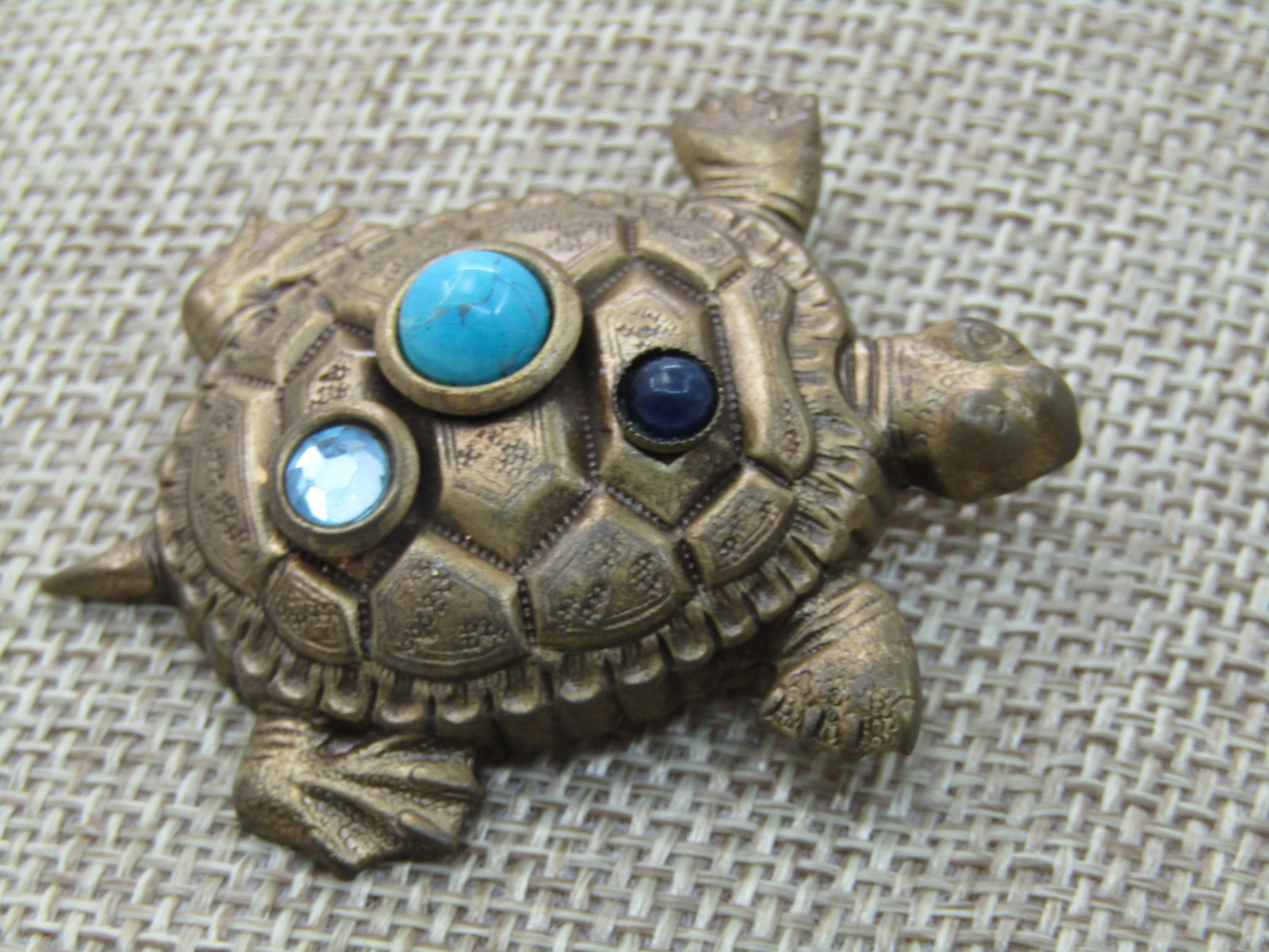 Vintage Turtle Brooch with Stones, Brassy, 2" by 1.75" - 2