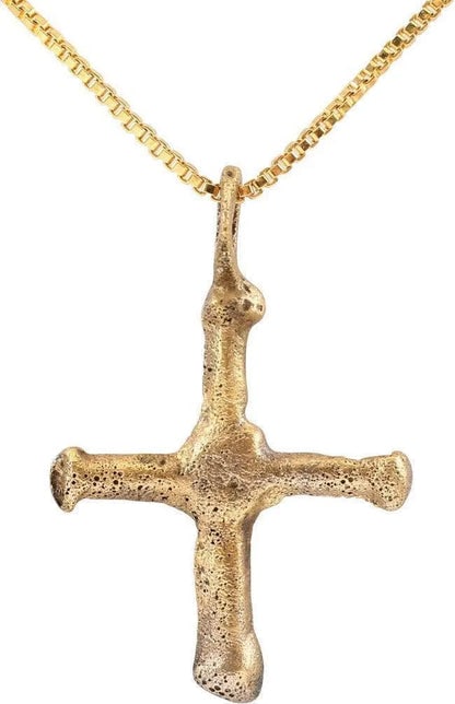 FINE MEDIEVAL CHRISTIAN CROSS, 9th CENTURY: Gilt bronze. Slightly over 1" height. Slender beams, the cross beam centered and each with swelled terminals, an allusion to the Jerusalem Cross which is five crosses in one. Centered square. Surface