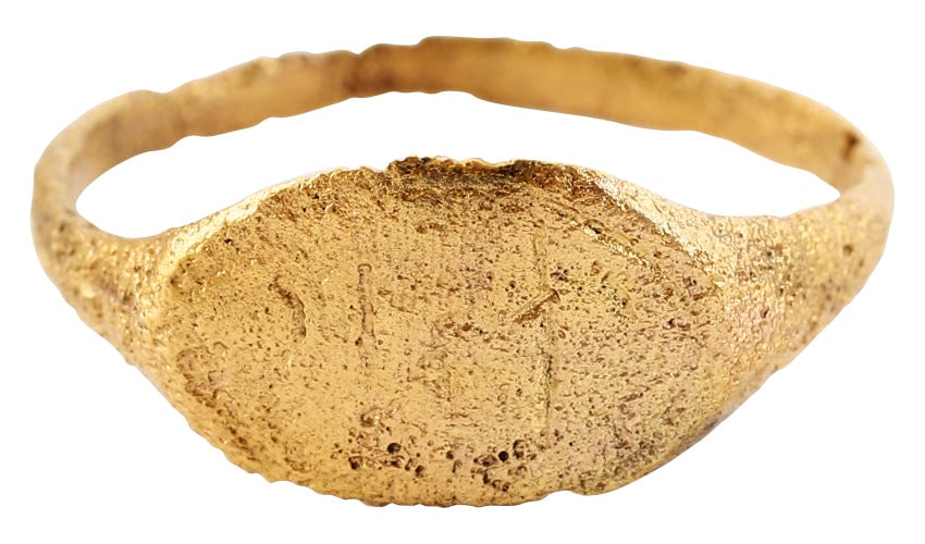 ROMAN SIGNET RING, 2ND-5TH CENTURY AD, SIZE 9 1/2: Good quality with 2.0mm rounded face band slightly flaring to the shoulders. Lozenge shaped bezel cut with five marks, serving as a signet which identified the owner and could be used to seal legal