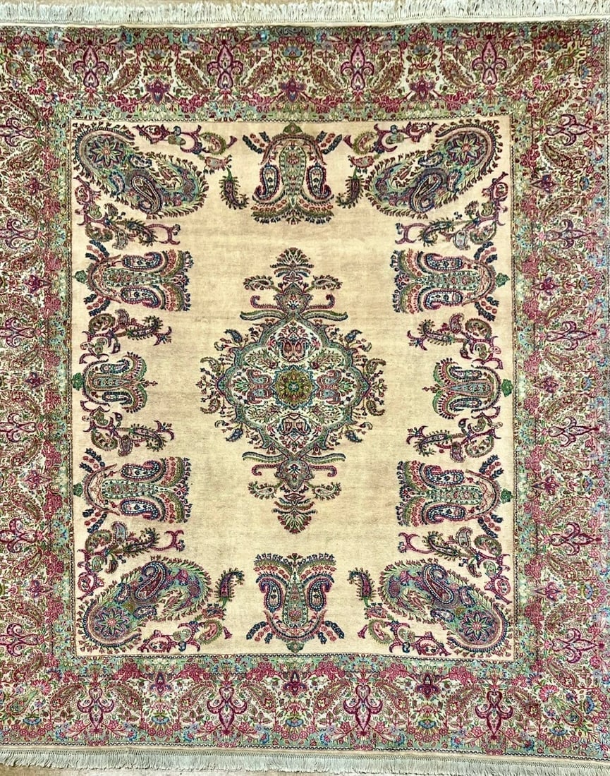 Hand Knotted Floral Beige Red Blue Wool Signed Oriental Rug Carpet 10 x 12: Title:Persian Kerman Hand Knotted Semi-Antique Oriental Rug 9'9" x 12'3" Description:• Rug Number: H59 • Country of Origin: Iran • Style, Design: Persian Kerman, Signed “Rashid Farokh