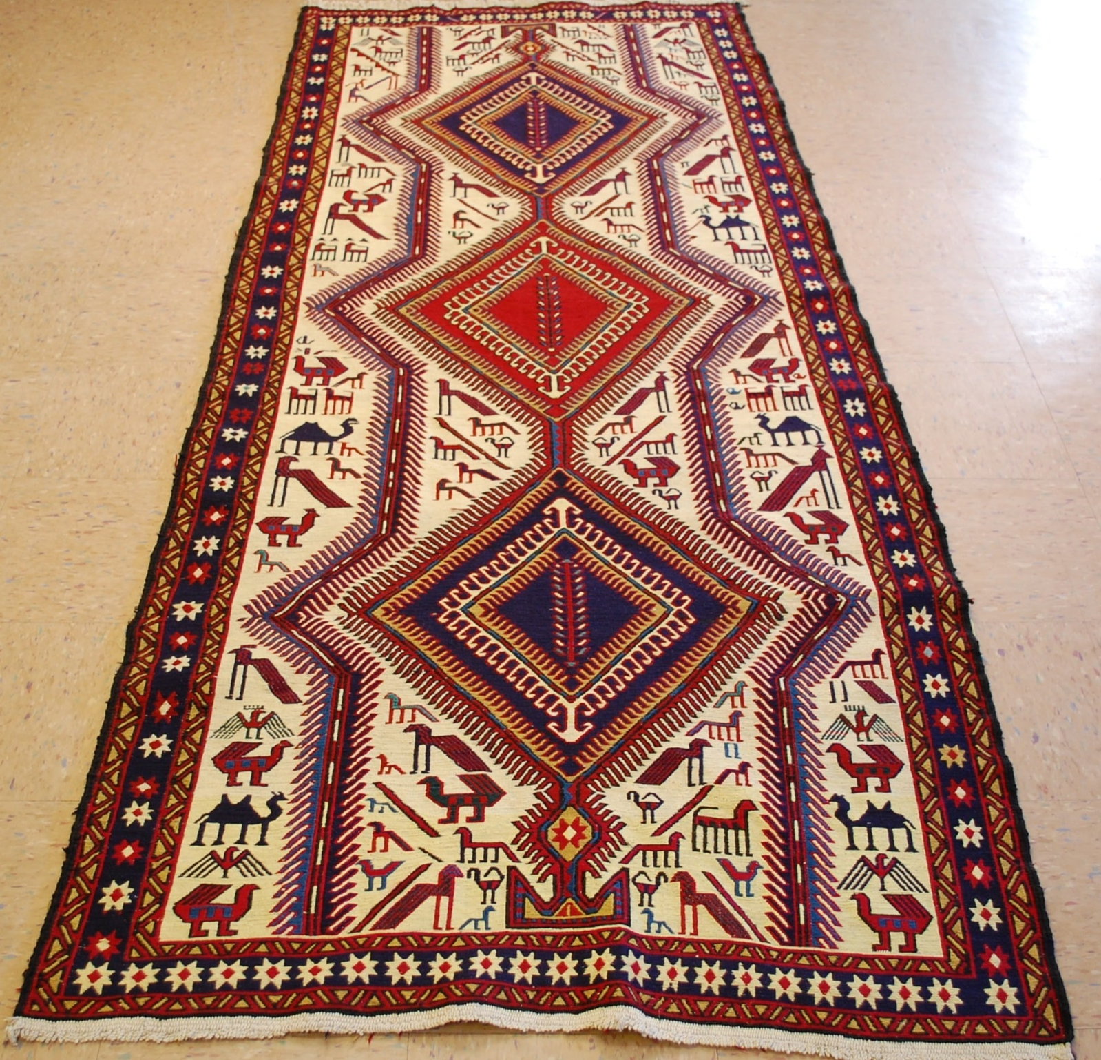 CAUCASIAN SOUMAK KILIM 3.5x8.11: Title:CAUCASIAN SOUMAK KILIM 3.5x8.11 Descritpion:MUST HAVE......with exact size of 3' 5" x 8' 11" Highly Detailed Caucasian design with many Animal subjects beautiful colors including