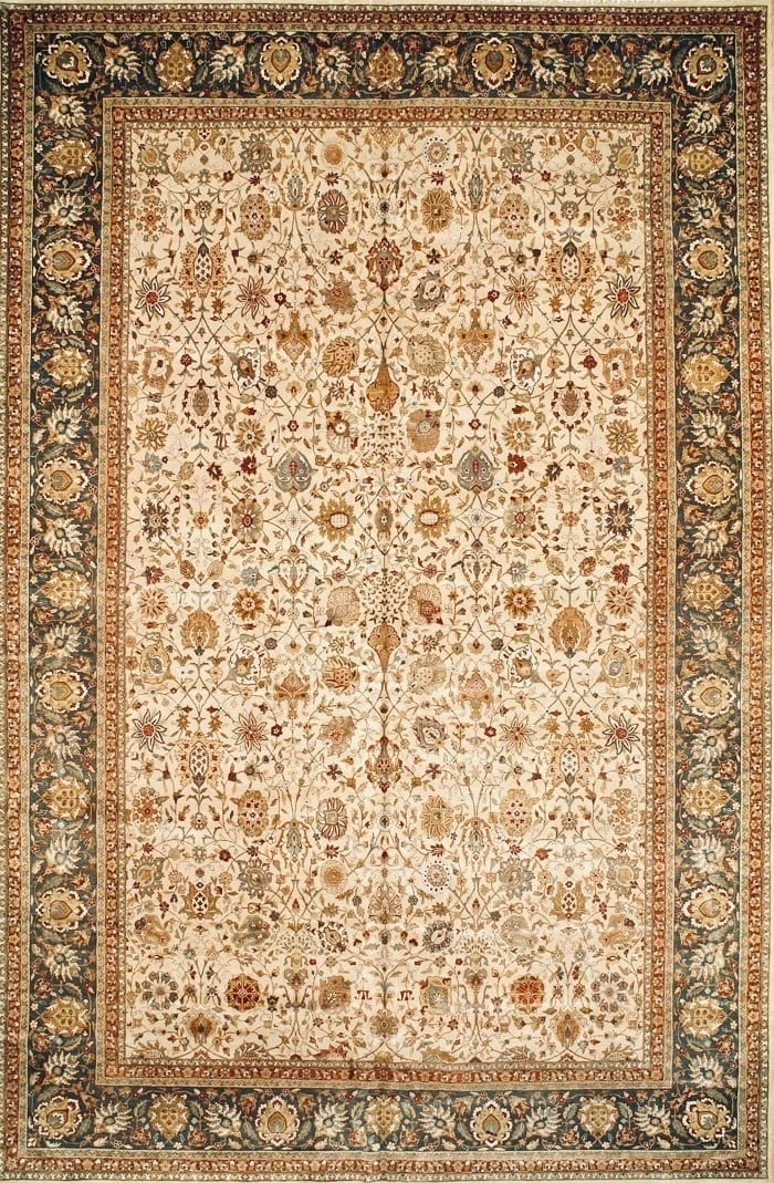 Hand-Knotted Ivory Black Classic Oriental Area Rug Wool Carpet 11'10" x 18'3": Title:Hand-Knotted Indo-Persian Ivory Black Oriental Area Rug Carpet 11'10" x 18'3" Description:• Rug Number: 58968 • Country of Origin: India • Style, Design: Persian Tabriz, All-Over,