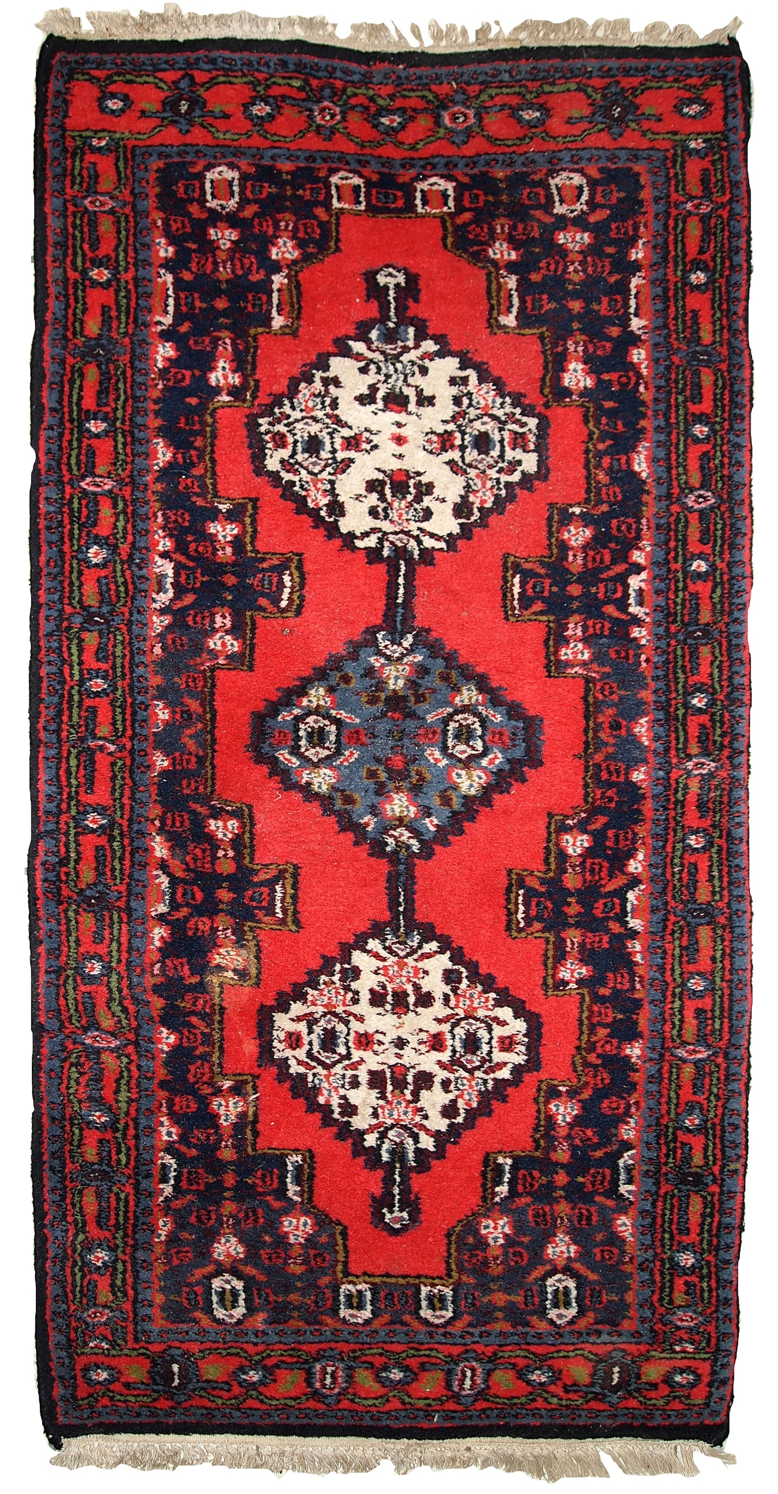 Handmade vintage Persian Hamadan rug 2.2' x 4.5' (69cm x 136cm) 1970s: Title: Handmade vintage Persian Hamadan rug 2.2' x 4.5' (69cm x 136cm) 1970s Origin:Middle East Dimensions: 2.2' x 4.5' (69cm x 136cm) Materials:wool Year:1970s Description:Handmade vintage Persian