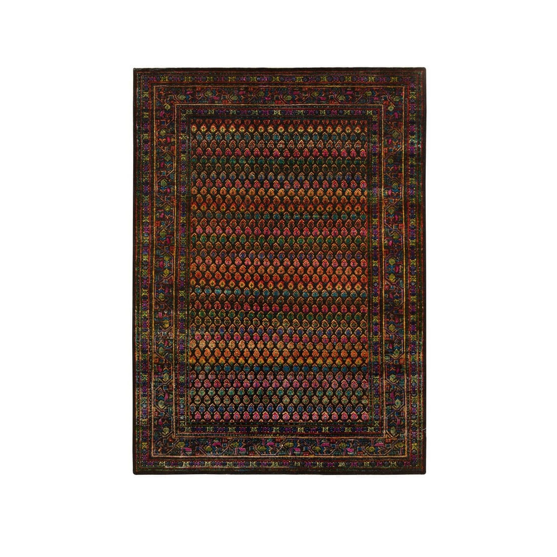 Black, Sarouk Mir Inspired Design, Wool and Silk Hand Knotted Rug: Title: Black, Sarouk Mir Inspired Design, Wool and Silk Hand Knotted Rug Description:This is a truly genuine one-of-a-kind. It has been Knotted for months and months in the centuries-old weaving craft