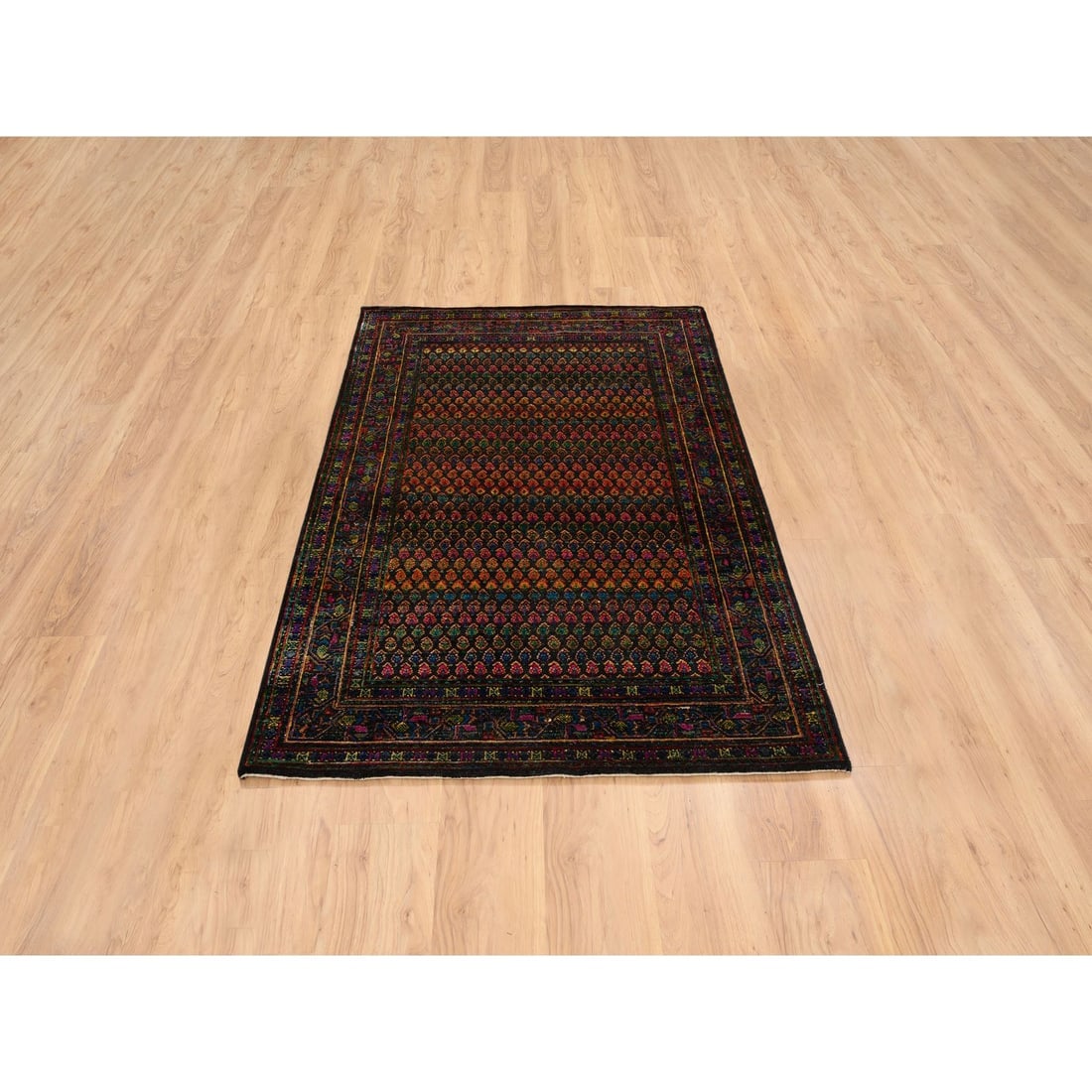 Black, Sarouk Mir Inspired Design, Wool and Silk Hand Knotted Rug - 2