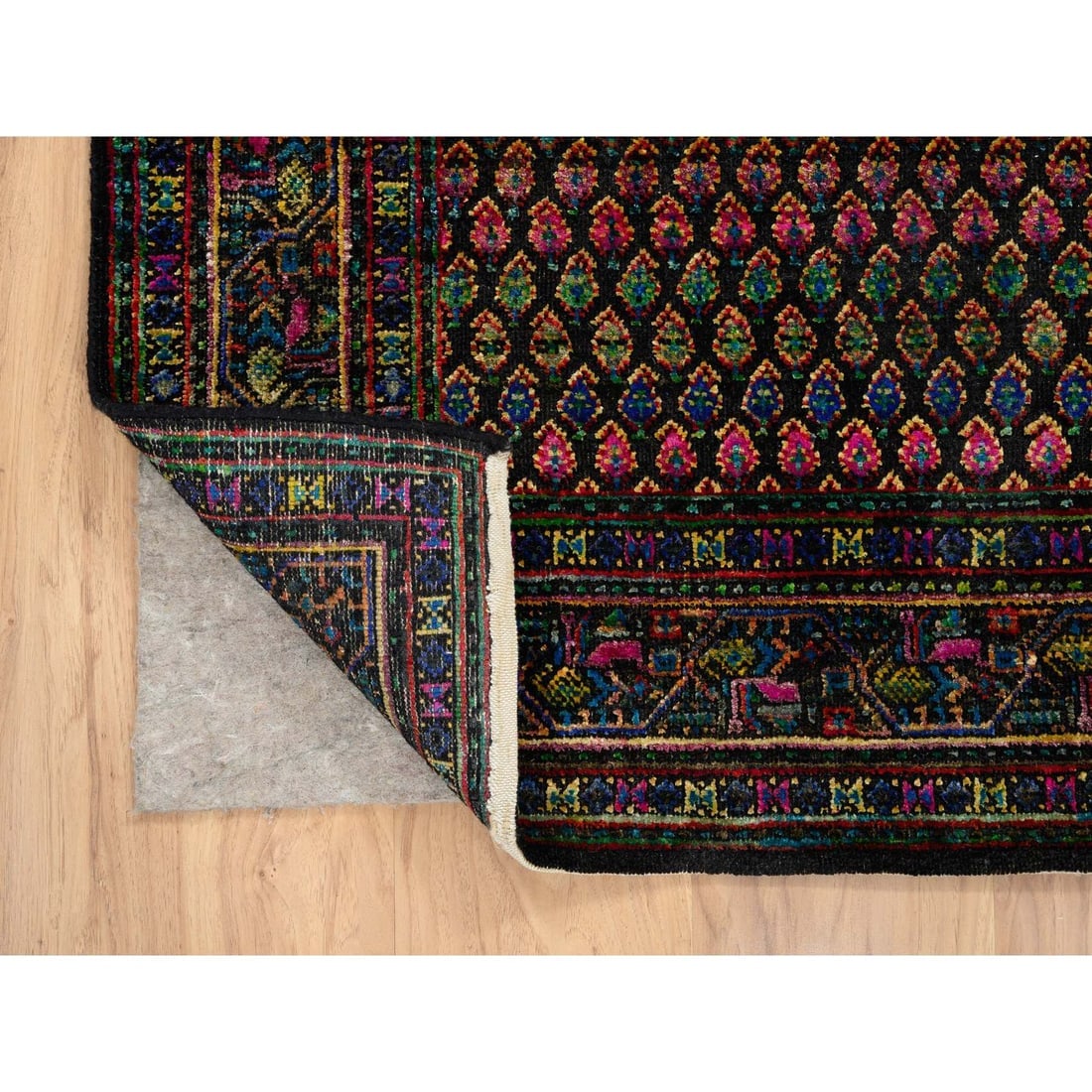Black, Sarouk Mir Inspired Design, Wool and Silk Hand Knotted Rug - 3