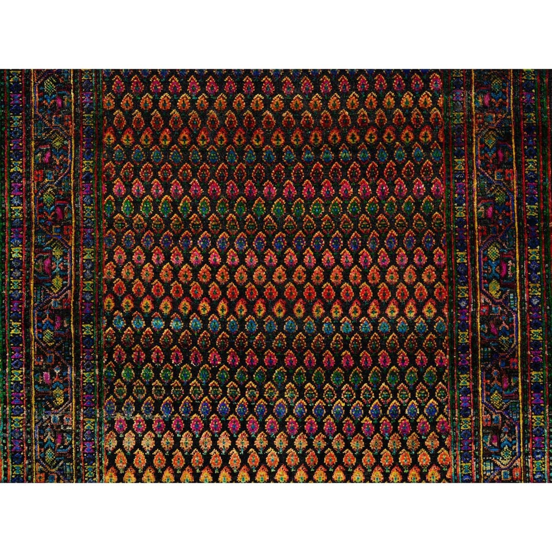 Black, Sarouk Mir Inspired Design, Wool and Silk Hand Knotted Rug - 5