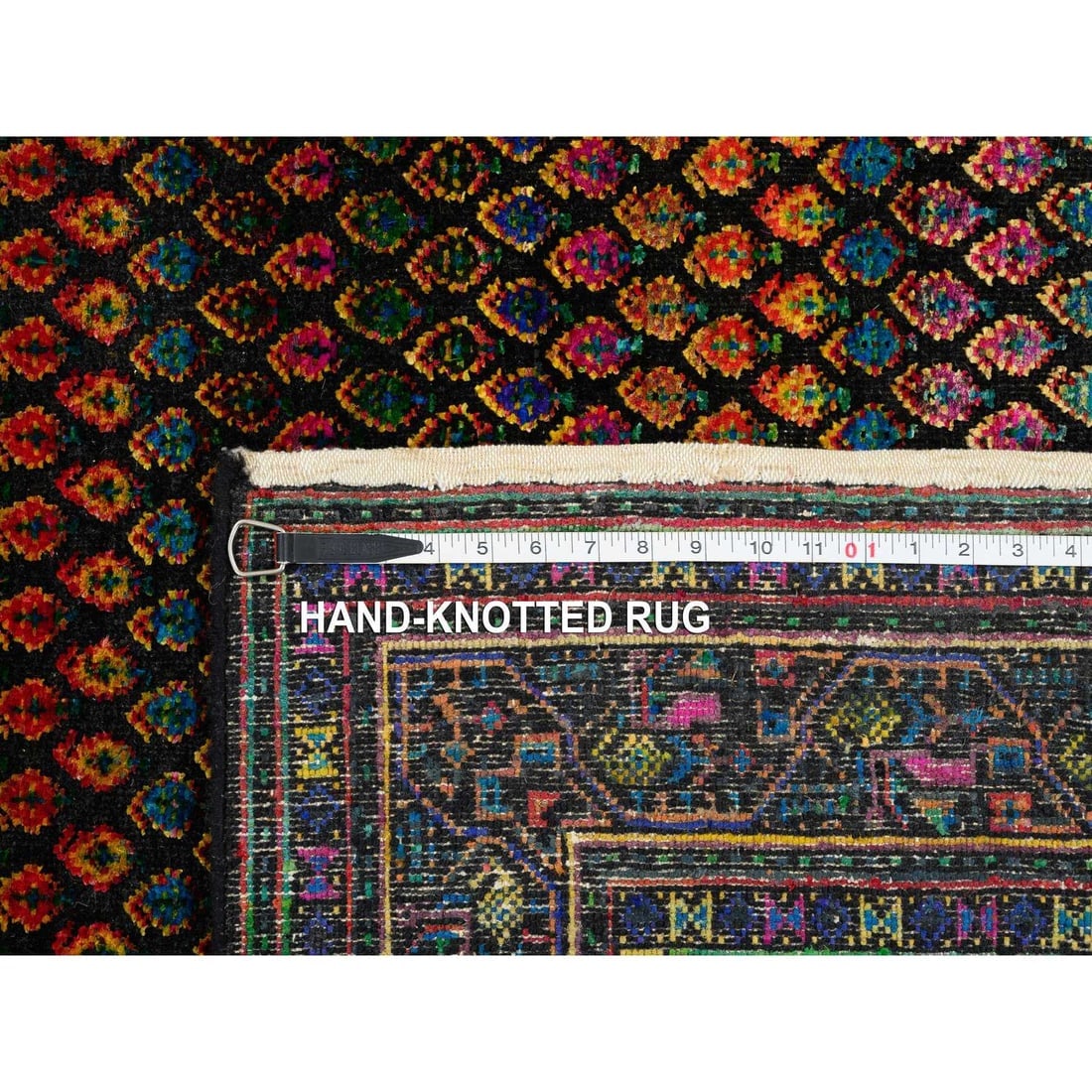 Black, Sarouk Mir Inspired Design, Wool and Silk Hand Knotted Rug - 8