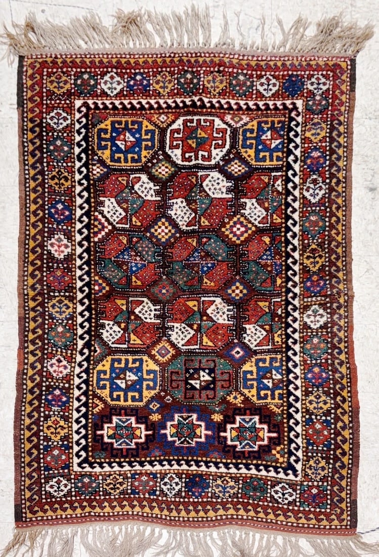 Hand Knotted Tribal Wool Nomadic Oriental Area Rug 4'3" x 6'11": Title:Hand-Knotted Antique Persian Quchan Tribal Geometric Oriental Wool Area Rug 4'3" x 6'11" Description:• Rug Number: 23 • Country of Origin: Iran • Style, Design: Persian Quchan, No