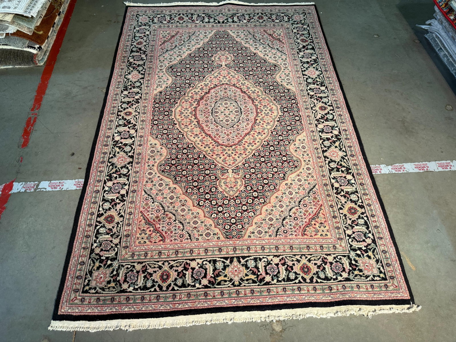 Superb Silk&Wool Tabriz Rug 4x6: Title:Superb Silk&Wool Tabriz Rug 4x6 Description:4x6 Super fine Sino Persian Tabriz Mahi Design rug, natural wool pile with silk highlights in Black and multi accent colors Handknotted in China Reser