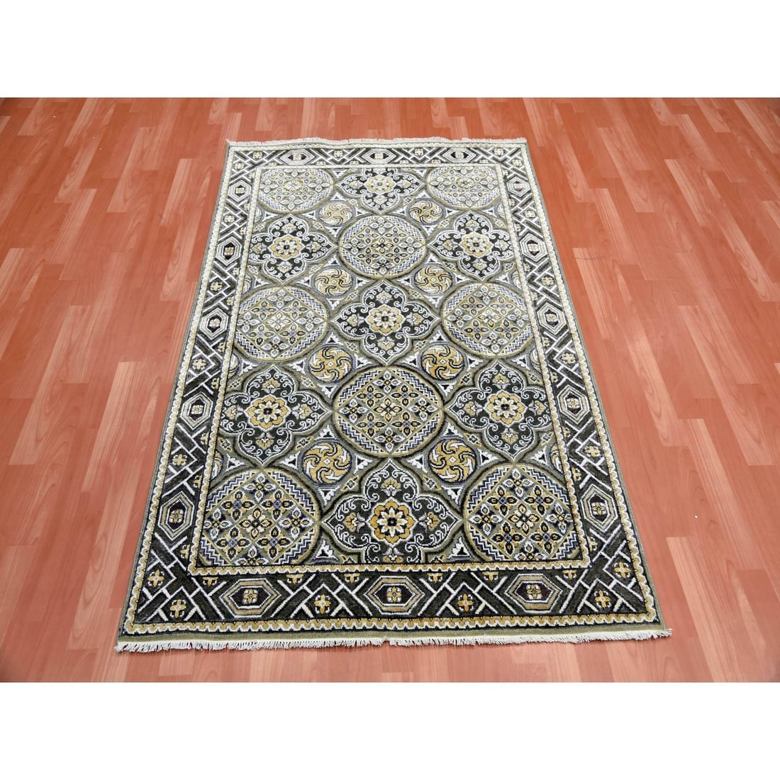 Taupe-Brown Silk Mughal Inspired Hand-Knotted Textured Wool Rug - 2