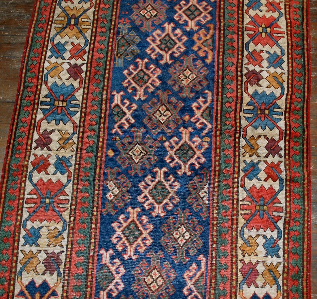 Handmade antique Caucasian Gendje rug 3.2' x 8' ( 97cm x 244cm ) 1880 - 3