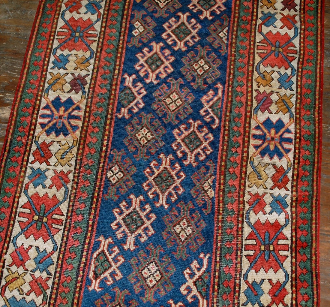 Handmade antique Caucasian Gendje rug 3.2' x 8' ( 97cm x 244cm ) 1880 - 4