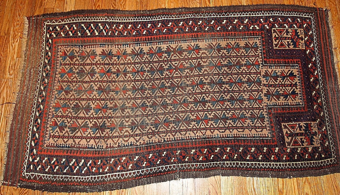 Handmade antique collectible Afghan prayer Baluch rug 2.10' x 5.3' ( 91cm x 161cm) 1880s - 2