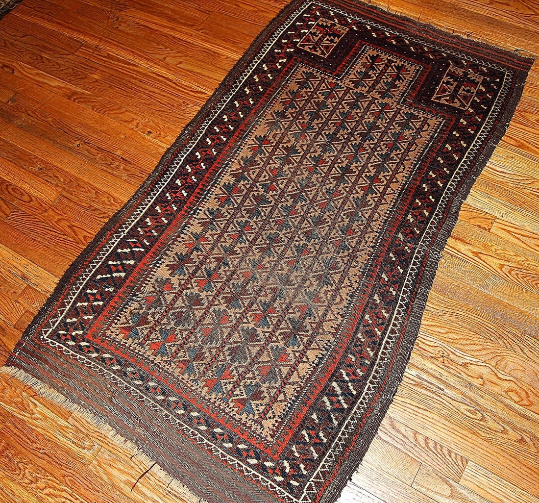 Handmade antique collectible Afghan prayer Baluch rug 2.10' x 5.3' ( 91cm x 161cm) 1880s - 7