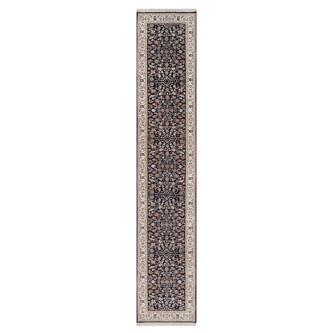 Midnight Blue Nain with Flower Design Wool and Silk Hand Knotted Rug: Title: Midnight Blue Nain with Flower Design Wool and Silk Hand Knotted Rug Description:This is a truly genuine one-of-a-kind. It has been Knotted for months and months in the centuries-old weaving