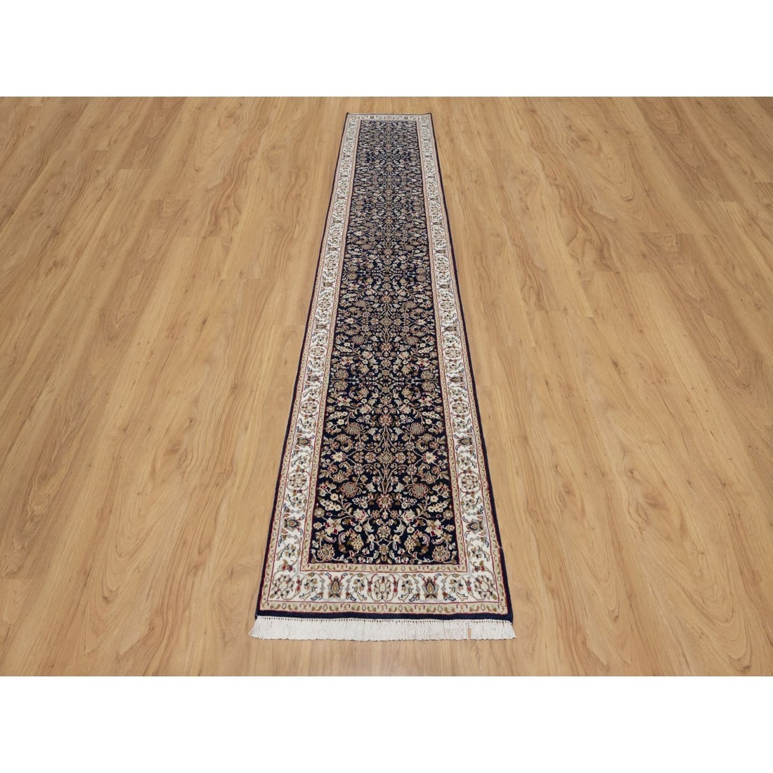 Midnight Blue Nain with Flower Design Wool and Silk Hand Knotted Rug - 2