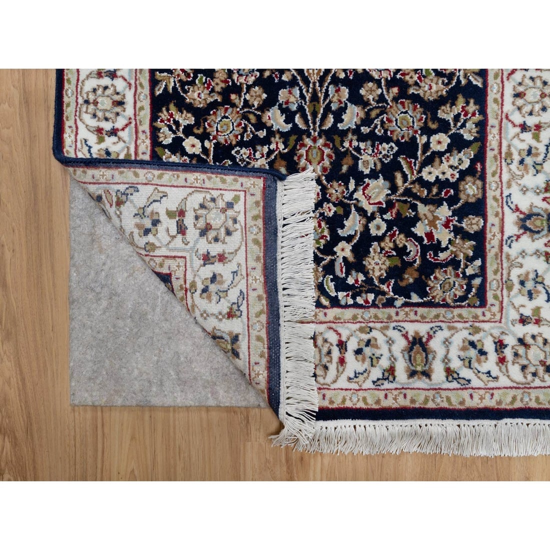 Midnight Blue Nain with Flower Design Wool and Silk Hand Knotted Rug - 3