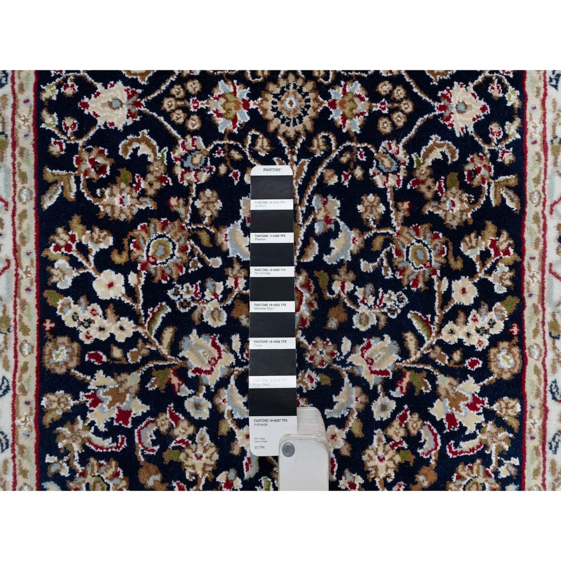 Midnight Blue Nain with Flower Design Wool and Silk Hand Knotted Rug - 4