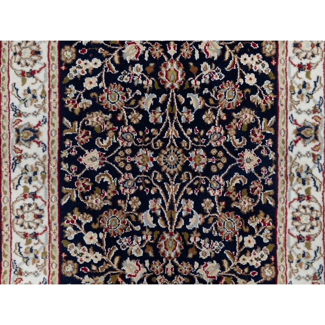 Midnight Blue Nain with Flower Design Wool and Silk Hand Knotted Rug - 5