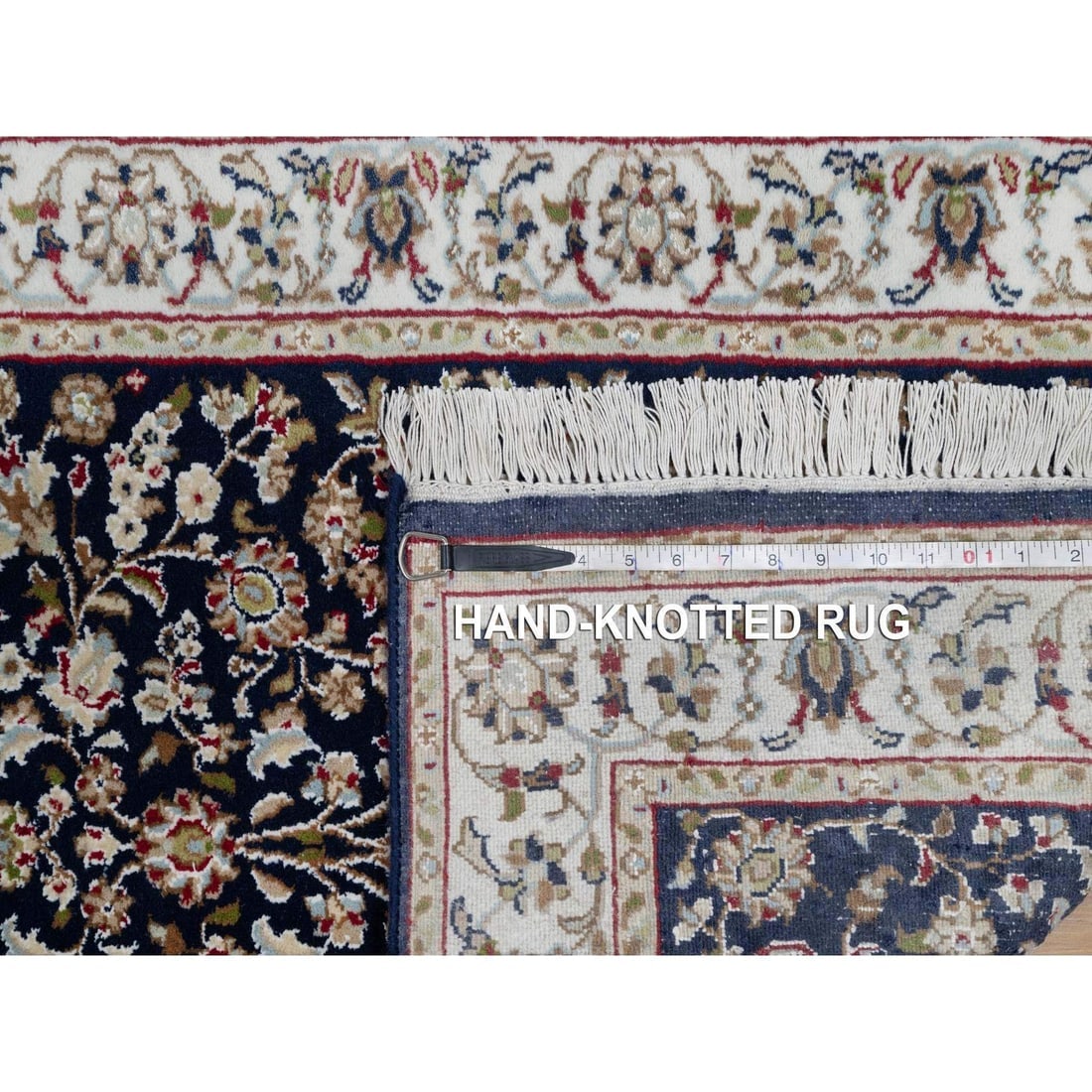 Midnight Blue Nain with Flower Design Wool and Silk Hand Knotted Rug - 8
