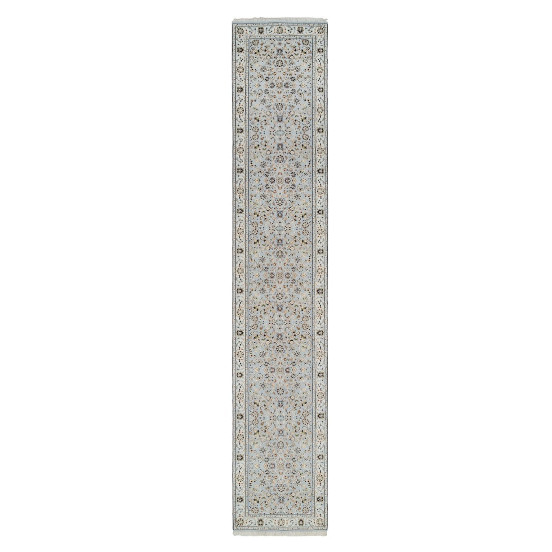 Light Blue, Nain Flower Design 250 KPSI, Wool Hand Knotted Runner Rug: Title: Light Blue, Nain Flower Design 250 KPSI, Wool Hand Knotted Runner Rug Description:This is a truly genuine one-of-a-kind. It has been Knotted for months and months in the centuries-old weaving