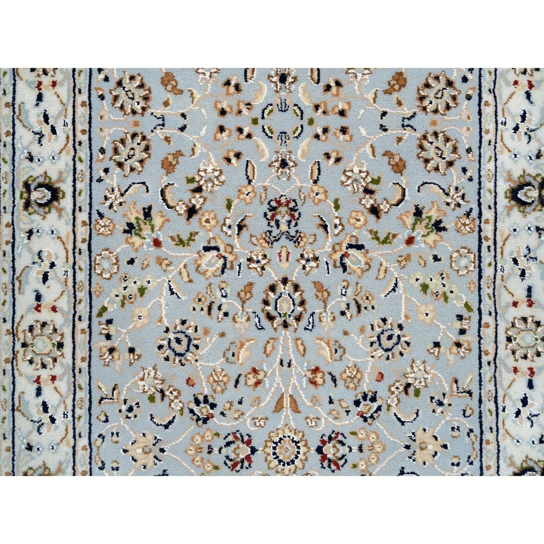 Light Blue, Nain Flower Design 250 KPSI, Wool Hand Knotted Runner Rug - 5