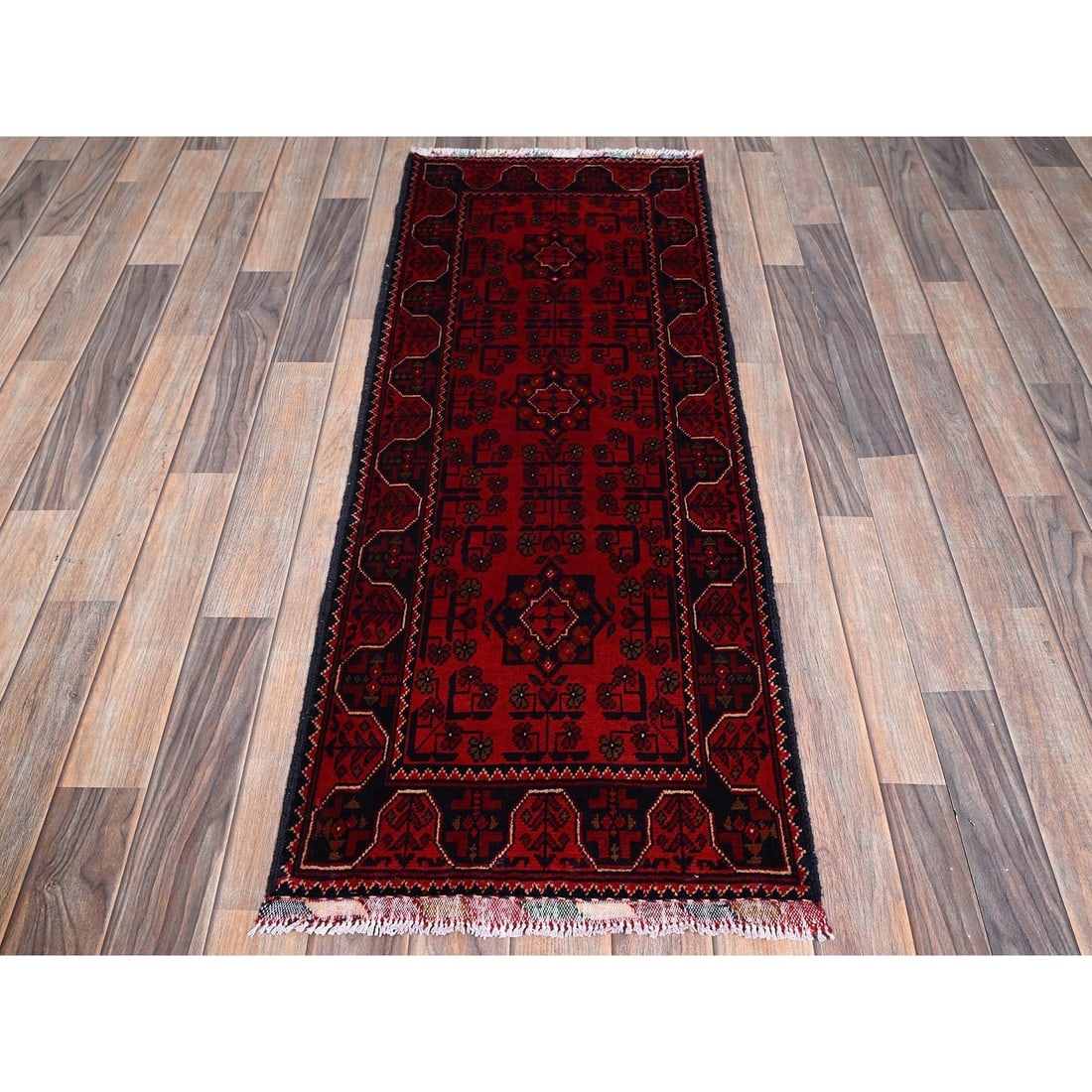 Red Afghan Khamyab with Tribal Design Hand Knotted All Wool Runner Rug - 2