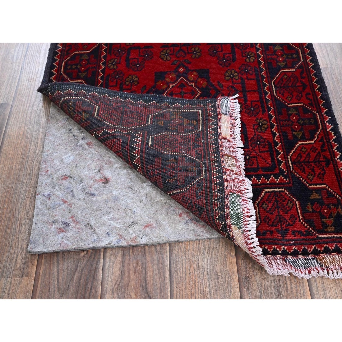 Red Afghan Khamyab with Tribal Design Hand Knotted All Wool Runner Rug - 3