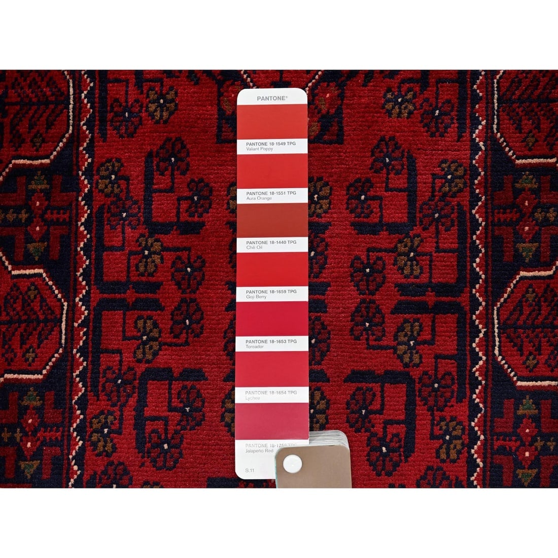 Red Afghan Khamyab with Tribal Design Hand Knotted All Wool Runner Rug - 4