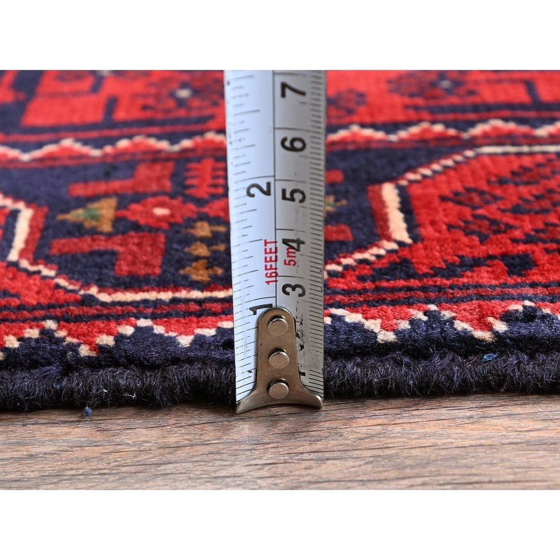 Red Afghan Khamyab with Tribal Design Hand Knotted All Wool Runner Rug - 6
