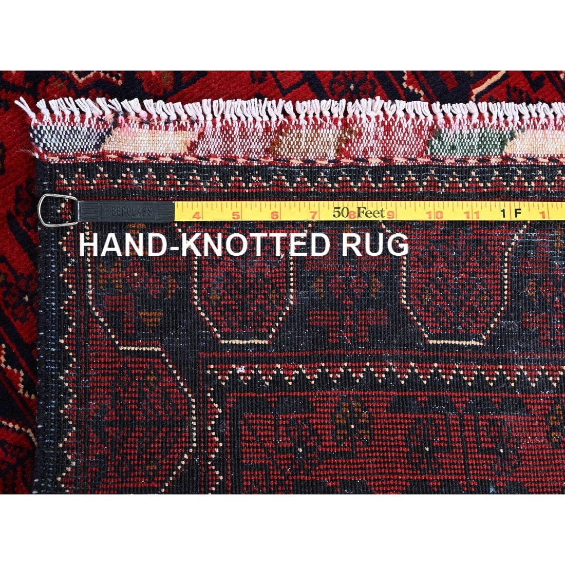 Red Afghan Khamyab with Tribal Design Hand Knotted All Wool Runner Rug - 7