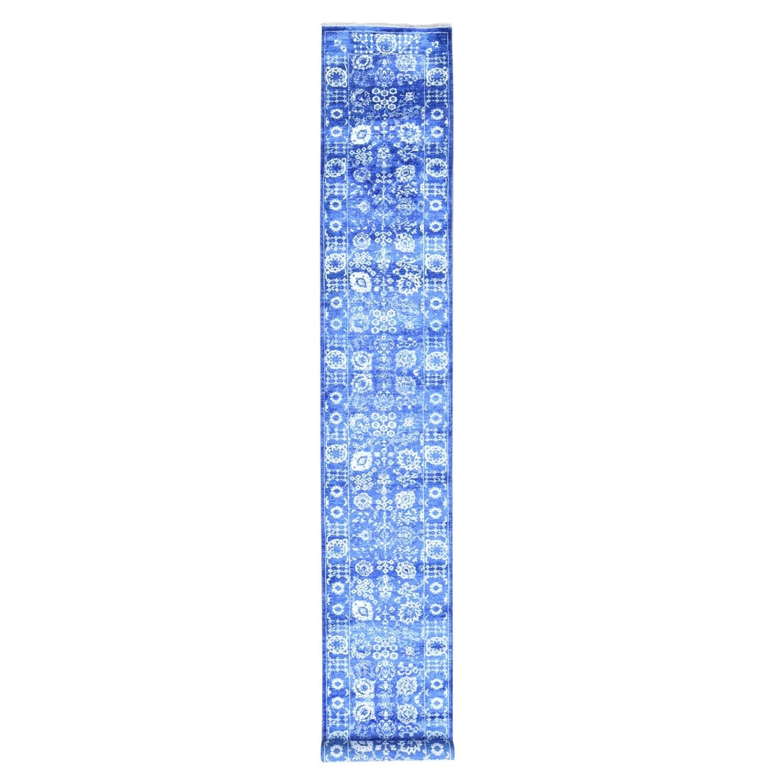 Blue, Tone on Tone Tabriz, Wool and Silk Hand Knotted, XL Runner Rug: Title: Blue, Tone on Tone Tabriz, Wool and Silk Hand Knotted, XL Runner Rug Description:This is a truly genuine one-of-a-kind. It has been Knotted for months and months in the centuries-old weaving