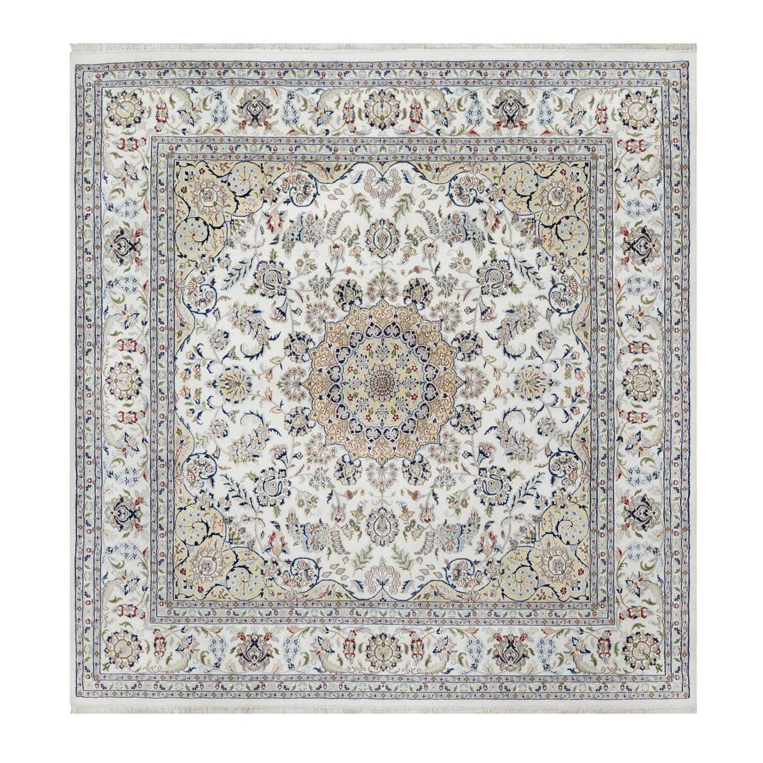 Snow White Nain with Flower Medallion Design 250 KPSI Hand Knotted Rug: Title: Snow White Nain with Flower Medallion Design 250 KPSI Hand Knotted Rug Description:This is a truly genuine one-of-a-kind. It has been Knotted for months and months in the centuries-old weaving