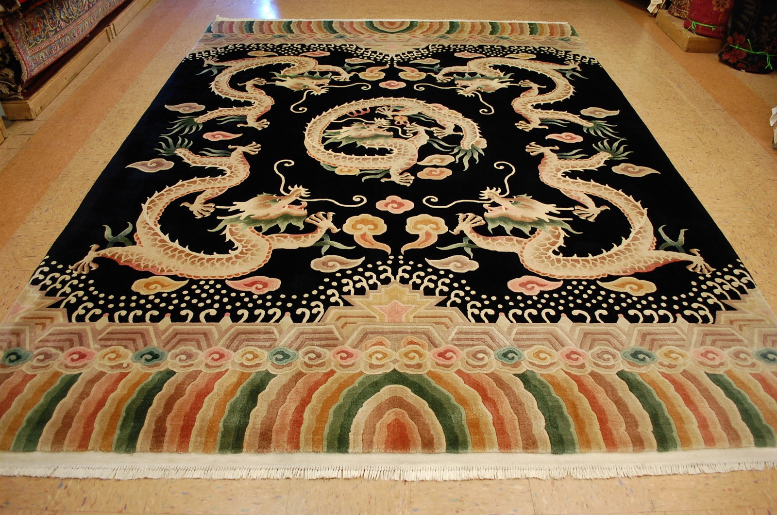 CHINESE RUG 8.6x11.7: Title:CHINESE RUG 8.6x11.7 Descritpion:ART DECO RARE CHINESE FIVE FINGER DRAGON RUG with exact size of 8' 6" x 11' 7" .........Condition is Perfect healthy even pile as shown in photos..feels very