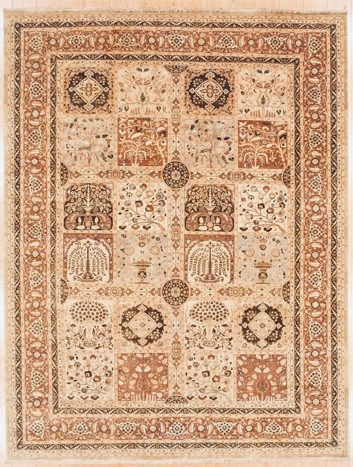 Hand-Knotted Ivory Terracotta Transitional Oriental Area Rug Carpet 9' x 11'9": Title:Hand Knotted Indo-Tabriz Ivory Terracotta Oriental Area Rug Carpet 9' x 11'9" Description:• Rug Number: 89876 • Country of Origin: India • Style, Design: Persian Tabriz, All-Over
