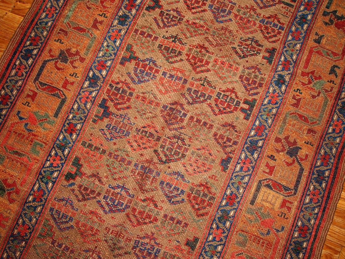 Handmade antique Persian Kurdish rug 4.1' x 7.6' ( 125cm x 231cm ) 1880s - 3