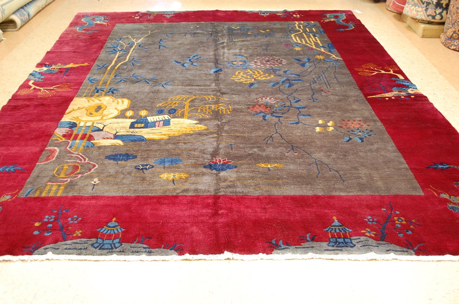 CHINESE RUG 9x11.5: Title: CHINESE RUG 9x11.5 Descritpion:FRESH FROM A PRIVATE ESTATE IS THIS AMAZING ROOM SIZE ART DECO RARE ANTQIUE DRAGON DESIGN CHINESE RUG Circa 1910's with exact size of 9' x 11' 5" .........Conditi