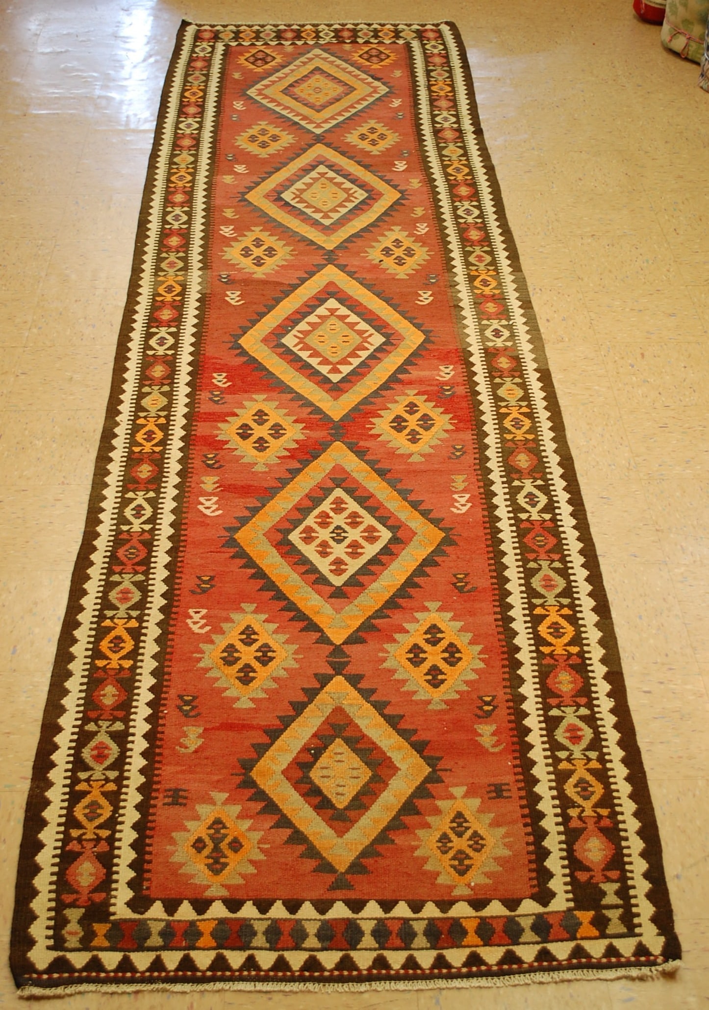 CAUCASIAN KILIM 3.9x14.5: Title:CAUCASIAN KILIM 3.9x14.5 Descritpion:ANTIQUE VERY FINE WOVEN CAUCASIAN KILIM FLAT WEAVE RUG ...........with exact size of 3' 9" x 14' 5" Caucasian design with many beautiful colors including Blu