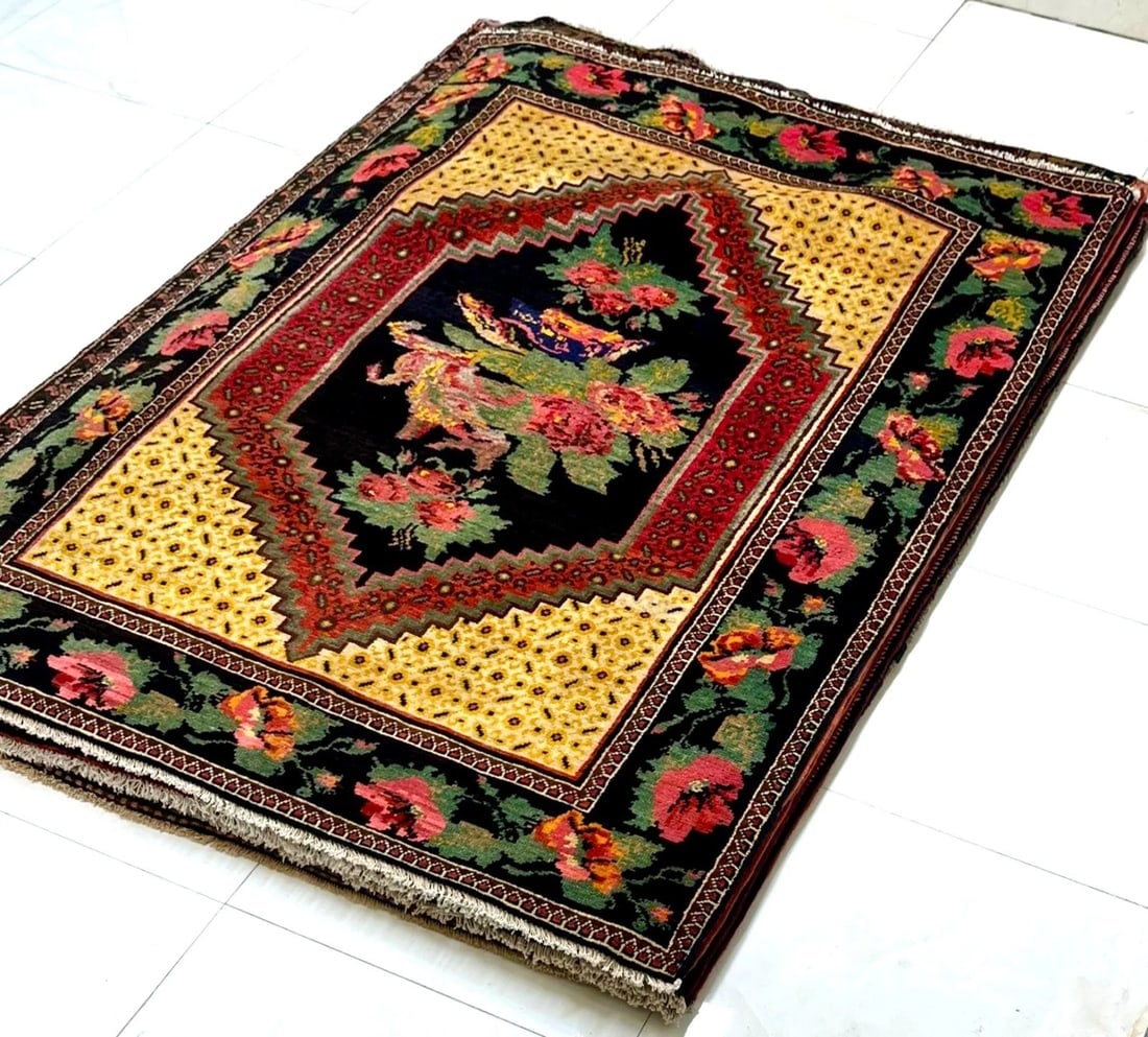 Hand Knotted Caucasian Karabagh Tribal Wool Black Oriental Area Rug 5' x 7'3" - 4