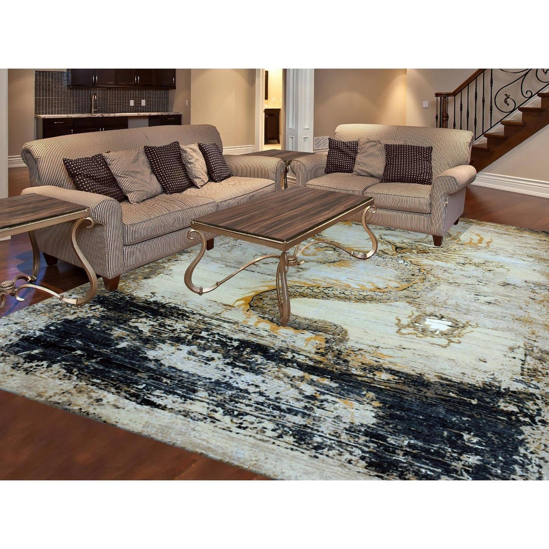 Cosmic Latte Beige Dragon Design Wool Hand Knotted Oriental Rug - 2