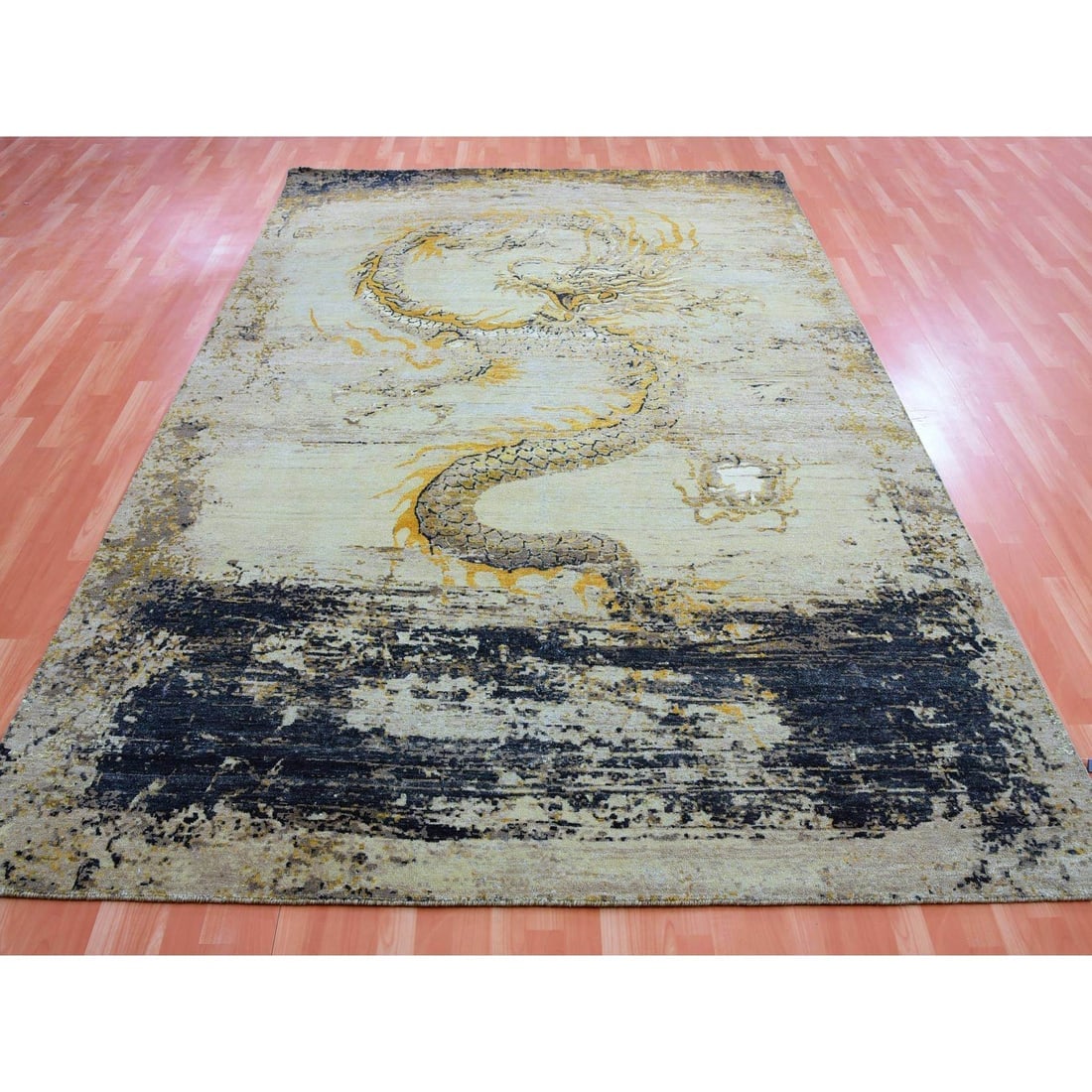 Cosmic Latte Beige Dragon Design Wool Hand Knotted Oriental Rug - 3