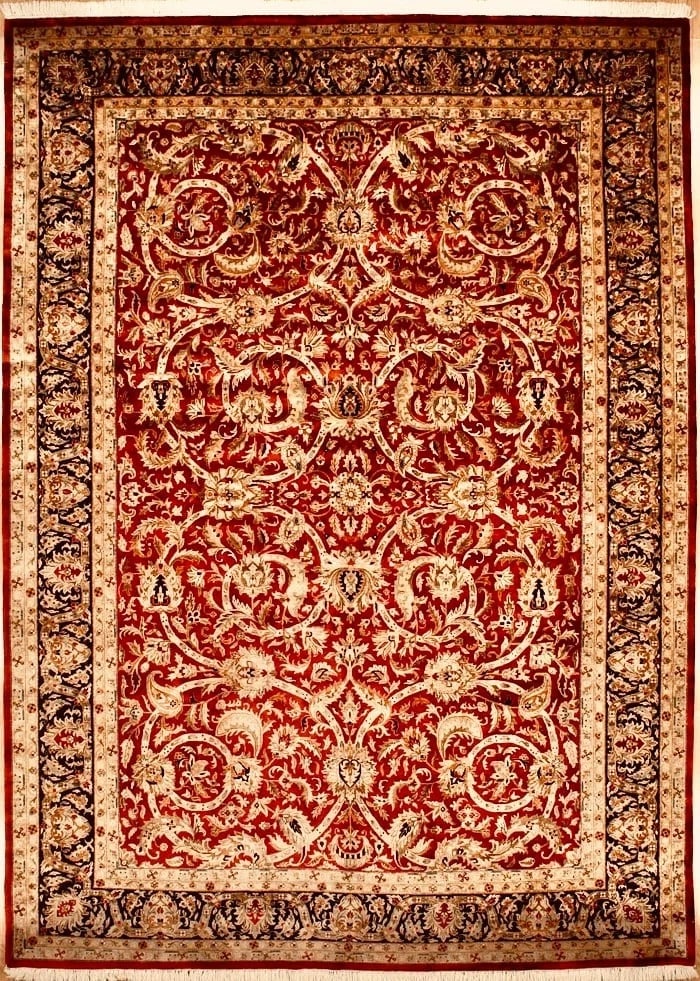 Hand Knotted Red Navy Blue Wool Oriental Area Rug Carpet 9'11" x 13'11": Title:Hand Knotted Indo-Tabriz Red Wool Oriental Area Rug Carpet 9'11" x 13'11" Description:• Rug Number: 43390 • Country of Origin: India • Style, Design: Persian Tabriz, Floral, All-O