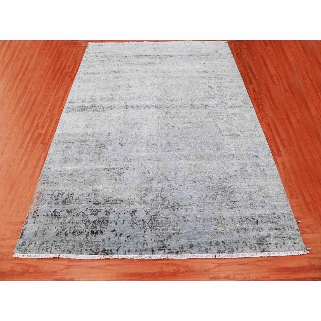 Silver Gray, Wool and Silk Hand Knotted, Persian Tabriz Design Rug - 3
